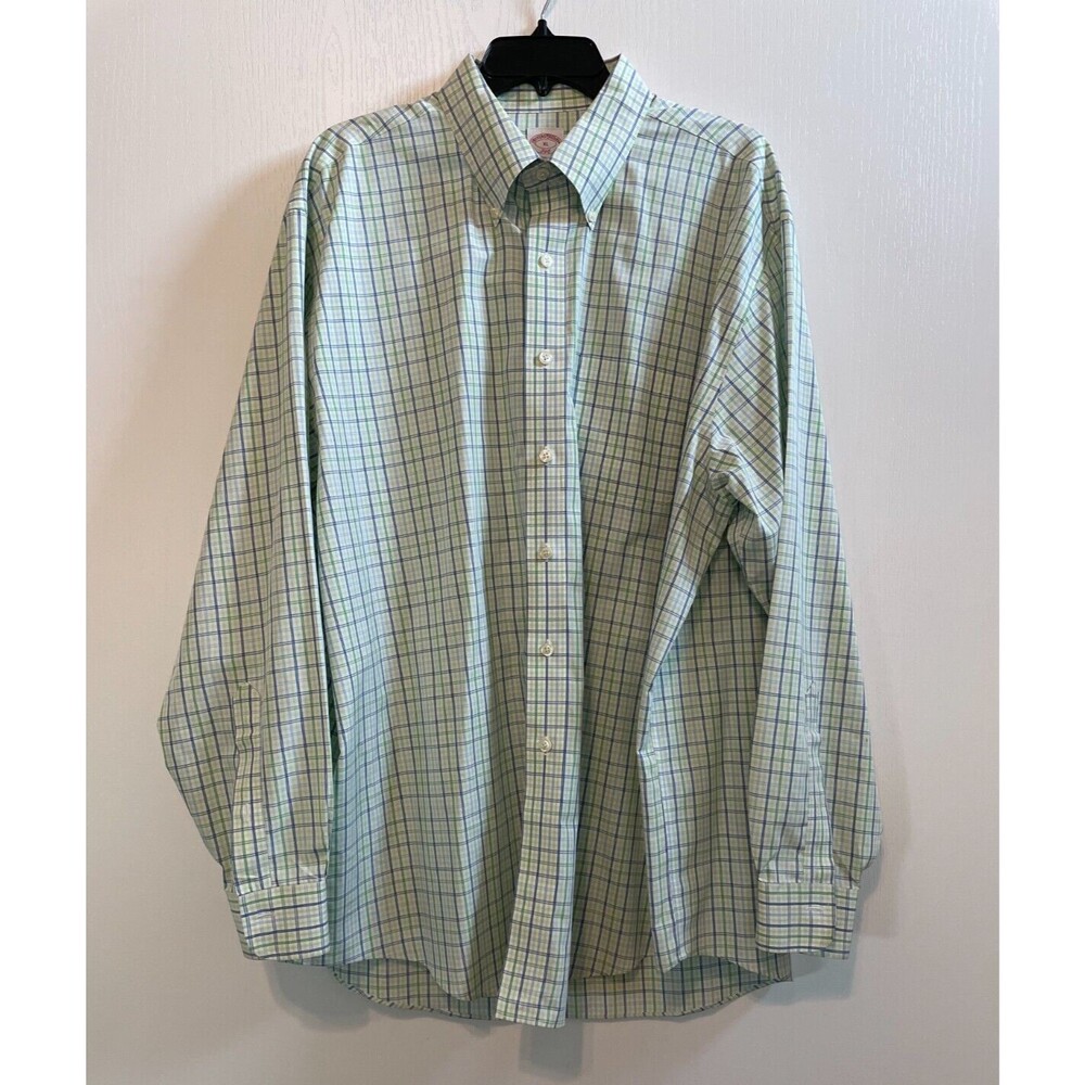 Brooks Brothers Shirt XL Long Sleeve Button Down Logo Green Blue Check 346